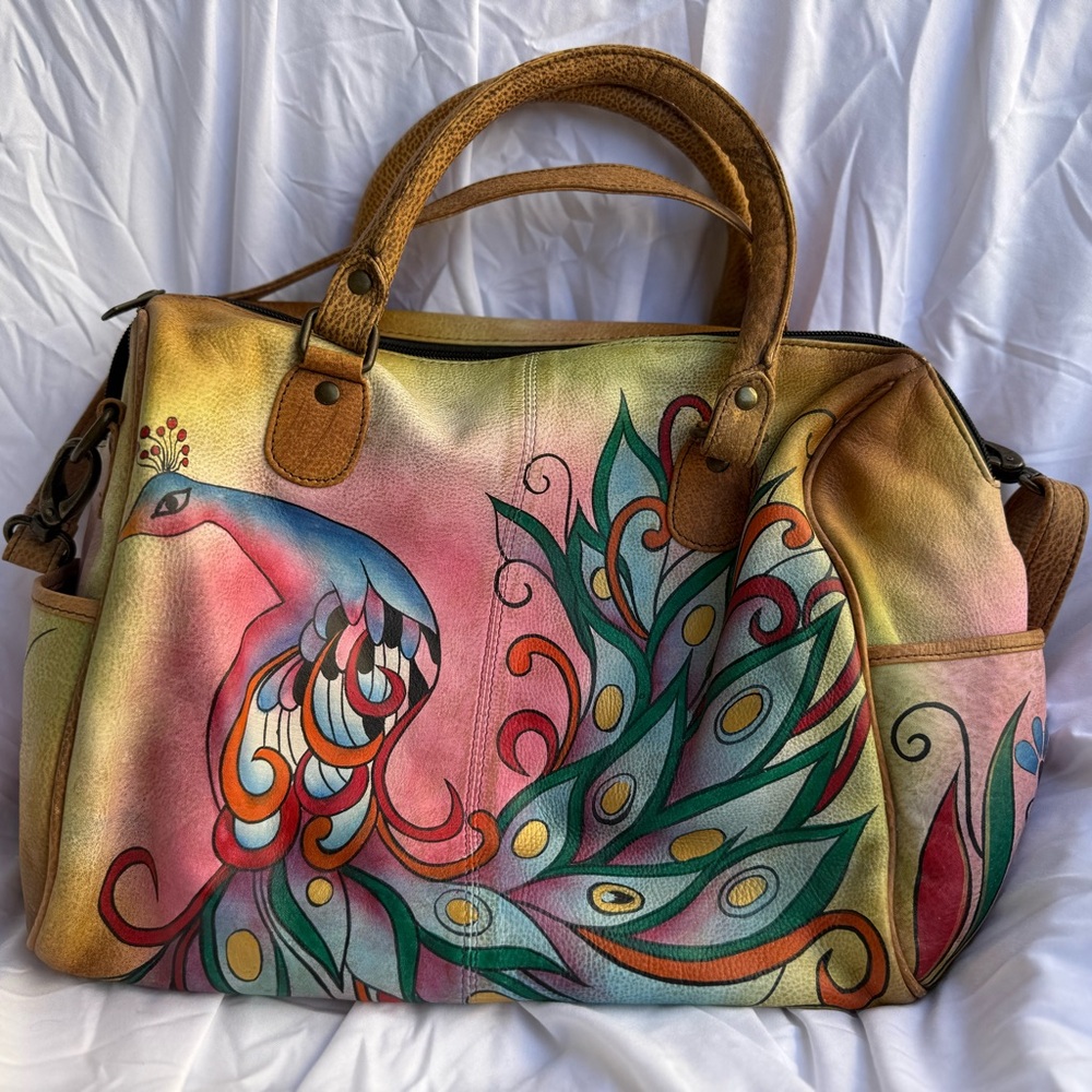 Anna by Anuschka Royal Peacock Zip Around Satchel Handbag - Genuine Leather